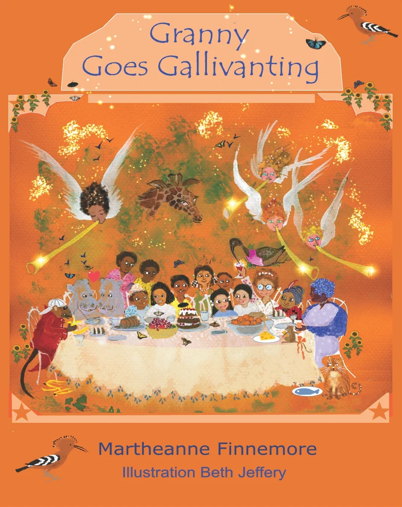A festive feast on an orange ground: children and a granny gather round a long table of food while winged trumpeters, a giraffe and hoopoe birds float above.