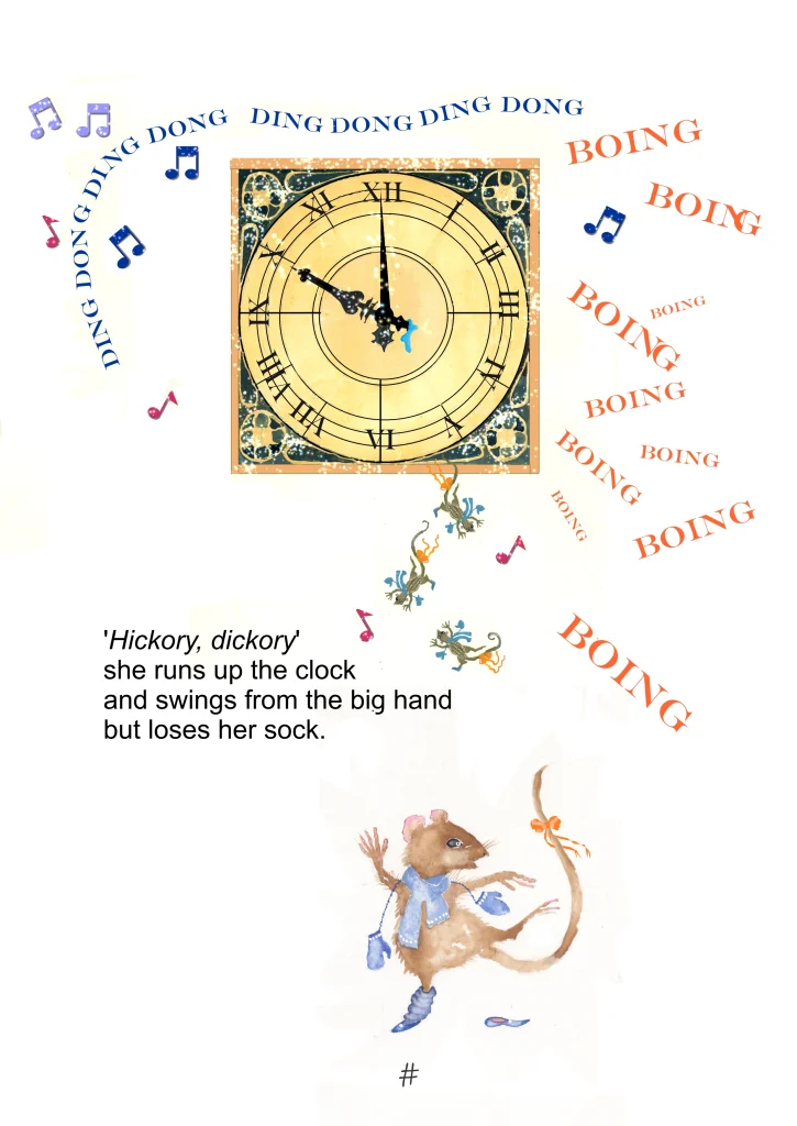 An ornate golden clock face ringing out, with swirling “ding dong” and “boing” lettering and a little mouse in a blue scarf dancing below, one sock lost.