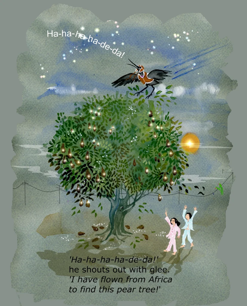 A hadeda ibis swoops over a tall pear tree at dusk while two children in pyjamas wave up at it from below, the setting sun beyond.