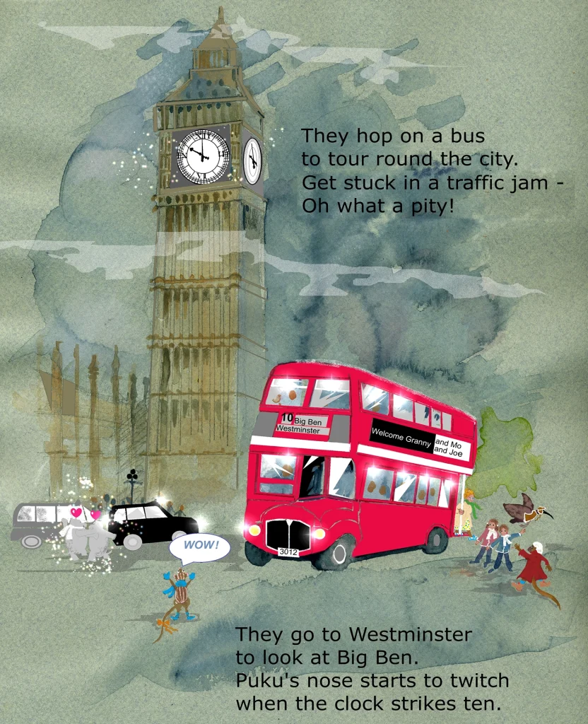 A red London double-decker bus stuck in traffic before Big Ben’s clock tower, with a black cab, excited children and a granny among the crowd.