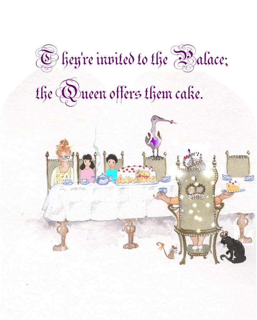 A palace tea table where Granny and two children are served strawberry cake by the Queen, who sits in a crowned throne chair, with a heron, a black cat and a mouse nearby.