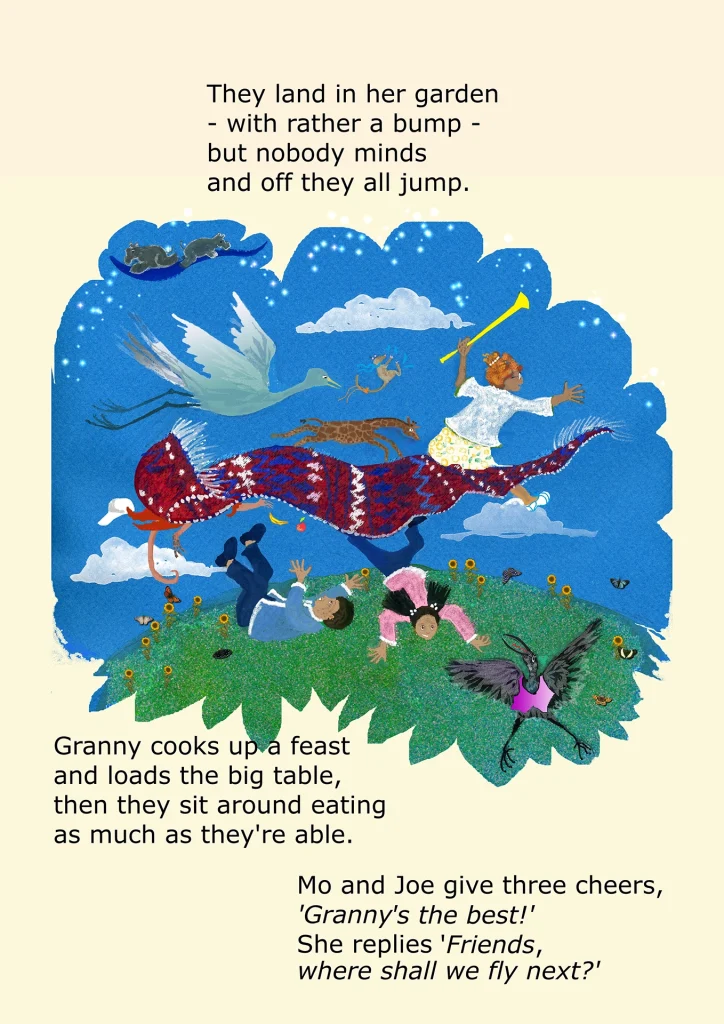 A patterned flying carpet sweeps across a starry sky carrying a trumpeter, a winged crane and a giraffe, as two children tumble onto a sunflower-dotted green hill.