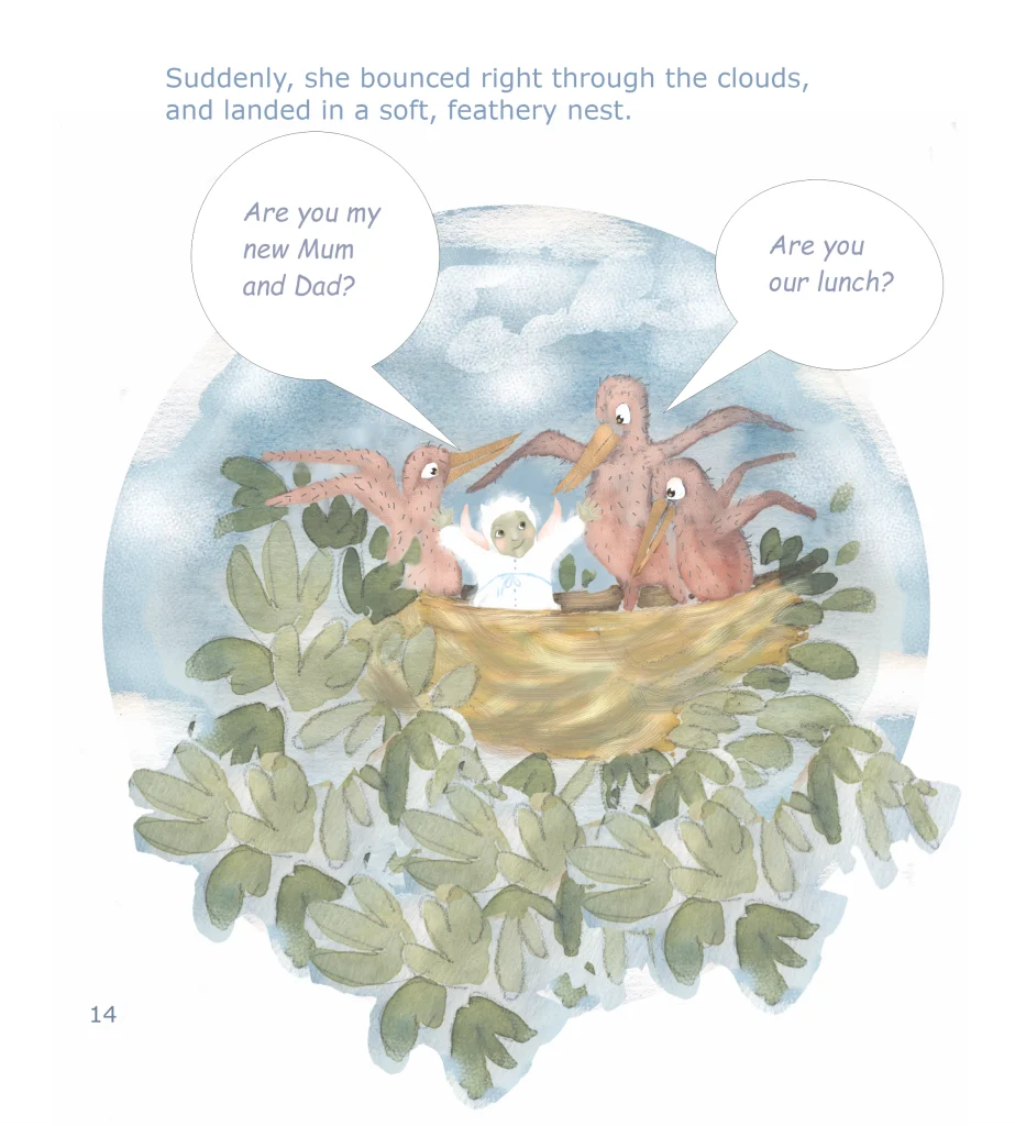 The small child in a white hooded suit sits in a leafy treetop nest among three pink fledgling birds, high in the clouds.