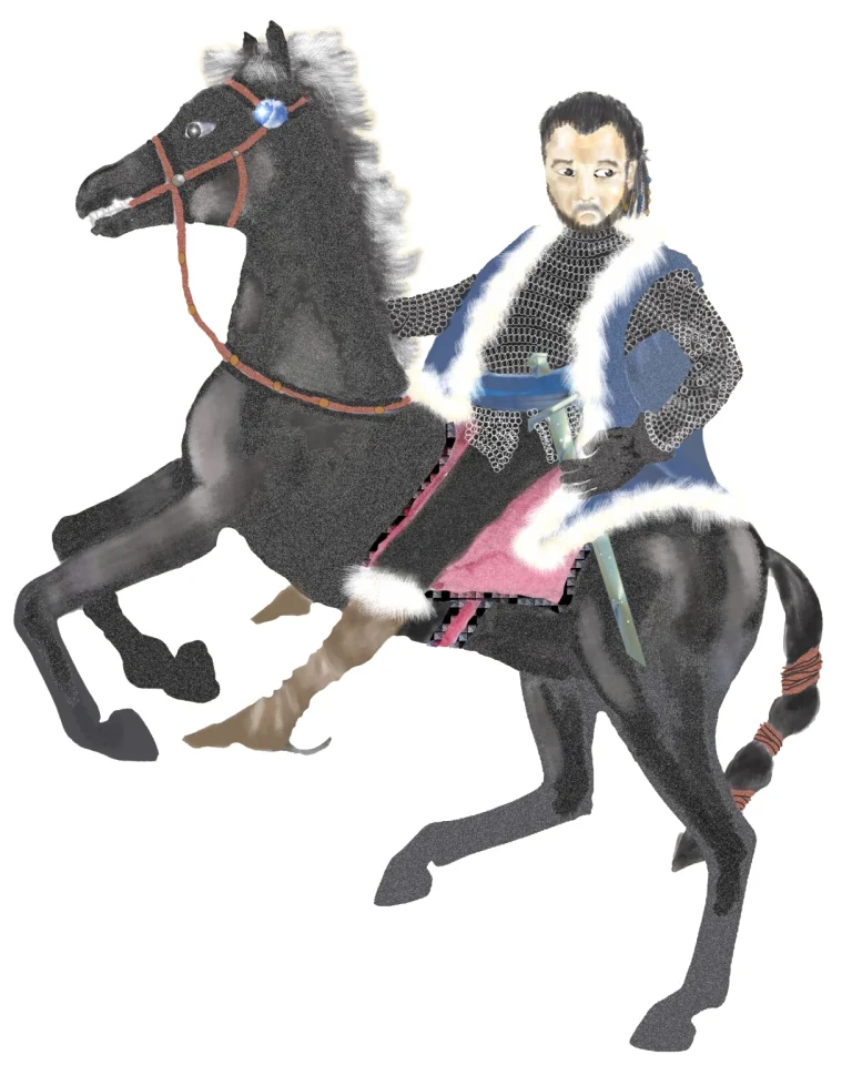A medieval knight in chainmail and a fur-trimmed blue cloak, sword in hand, riding a prancing black horse.