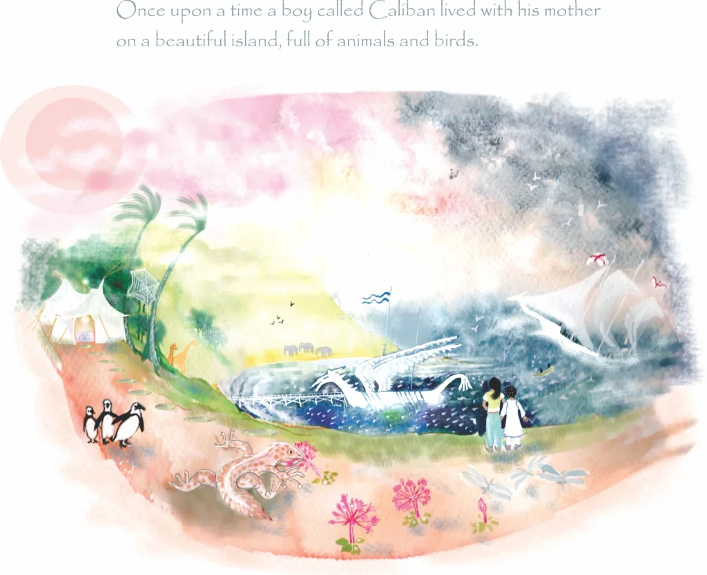 Watercolour illustration of Caliban and his mother on a colourful island with birds, animals, flowers, palm trees, tents, and boats in the bay.