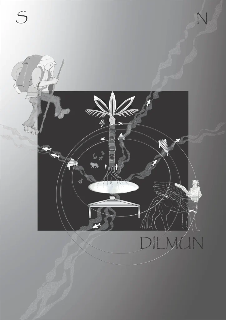 Monochrome illustration of a traveller with a backpack approaching a symbolic map of Dilmun, with a palm tree, birds, animals, smoke trails, and a winged figure.