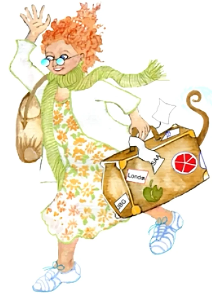 Illustration of a smiling woman with wild orange curls, round blue-tinted glasses and a green jumper, raising one hand to wave.