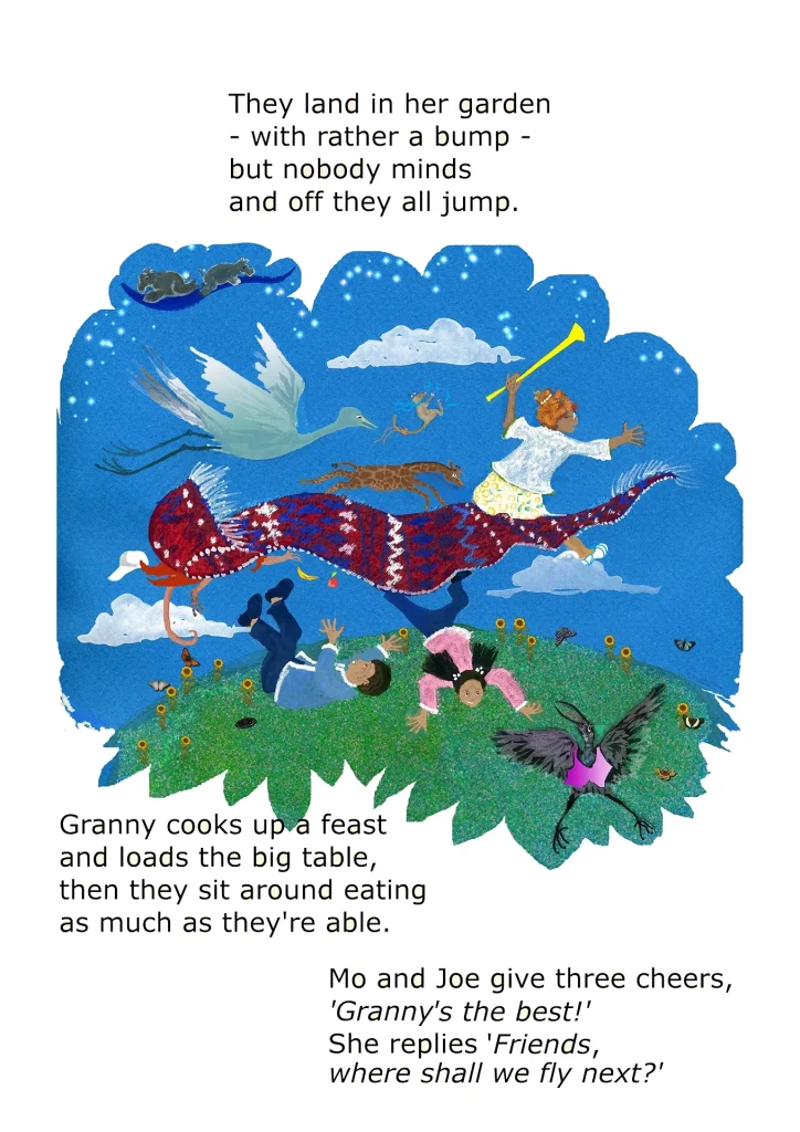 A patterned flying carpet sweeps across a starry sky carrying a trumpeter, a winged crane and a giraffe, as two children tumble onto a sunflower-dotted green hill.