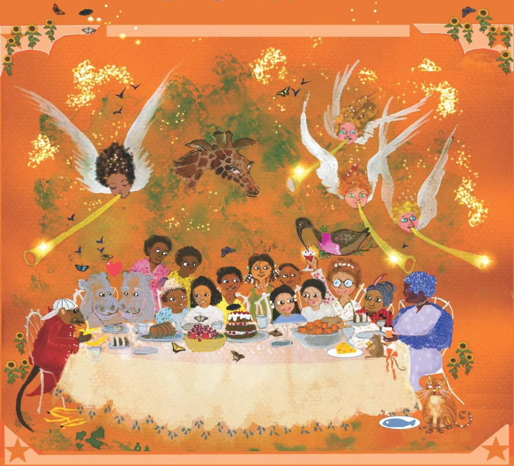 A festive feast on an orange ground: children and a granny gather round a long table of food while winged trumpeters, a giraffe and hoopoe birds float above.