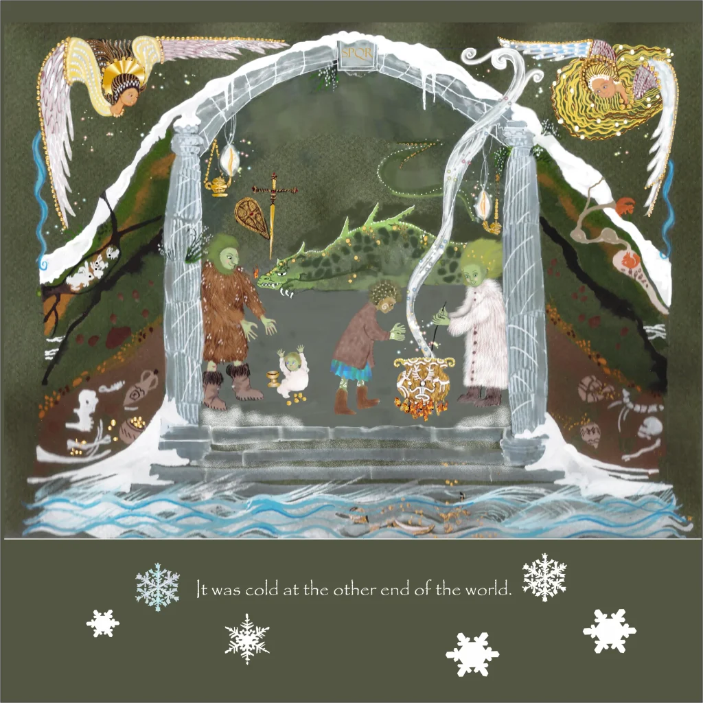 Dark fantasy illustration of an icy hall with strange creatures, angels, a dragon, and figures gathered beneath frozen arches.