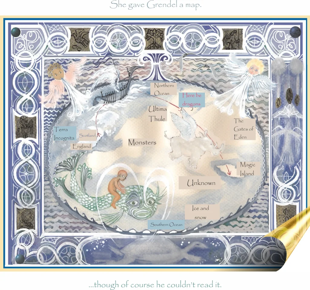 An antique-style fantasy map in blue and white, ornately bordered, marking places such as Ultima Thule, “Here be dragons”, the Gates of Eden and Magic Island, with wind-blowing cherubs and a child riding a sea creature.