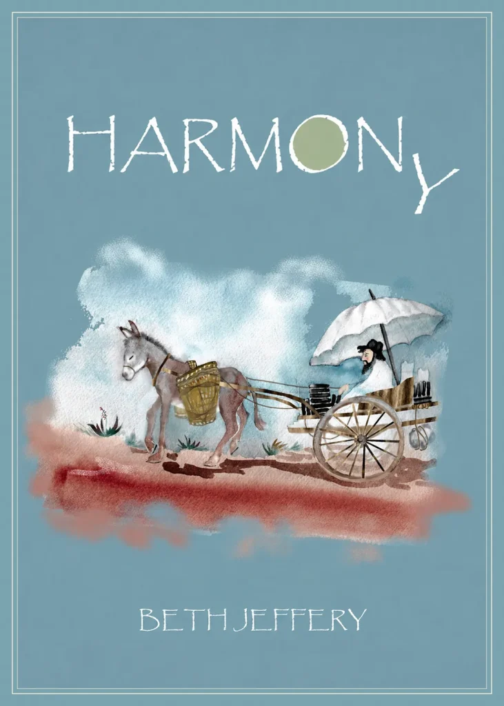 A bearded pedlar under a white umbrella drives a laden wooden cart pulled by a grey donkey across red earth under a dusty sky.