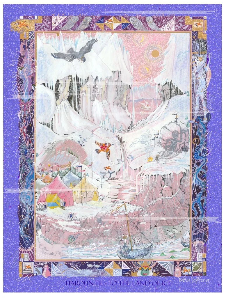 Intricate illustrated scene of a snowy fantasy landscape framed in purple and gold, with icy cliffs, flying birds, a colourful tented camp, a small ship, strange creatures and decorative mythic figures.