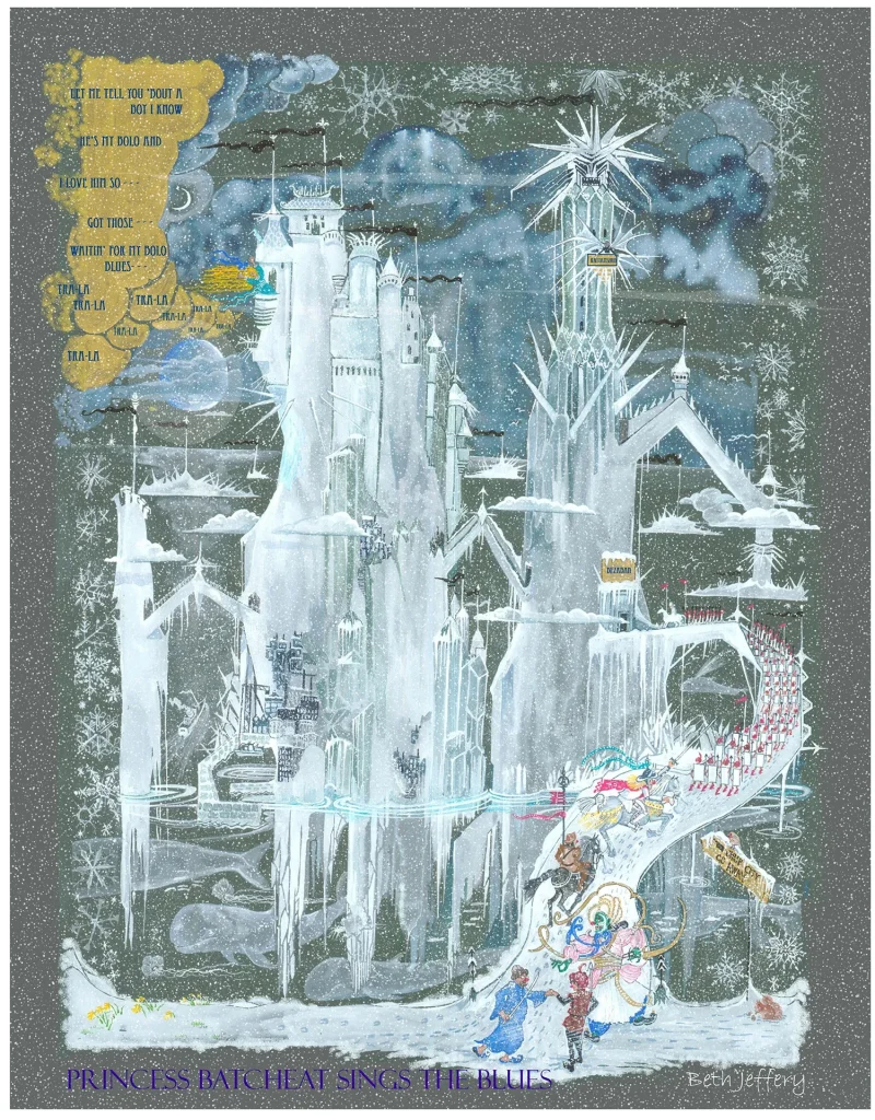 Illustration of a vast ice palace beneath a star-filled sky, with towers, bridges and frozen platforms. A colourful procession climbs toward the palace while the text “Princess Batcheat Sings the Blues” appears along the bottom.