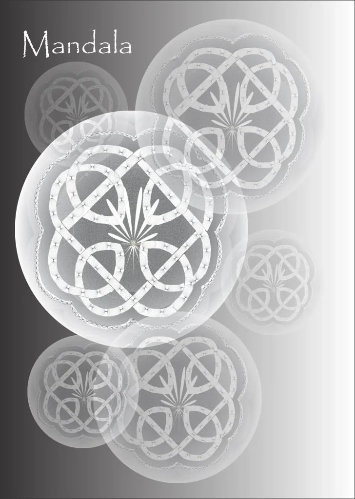 Monochrome illustration of layered circular mandala patterns made from interwoven, shell-like forms.