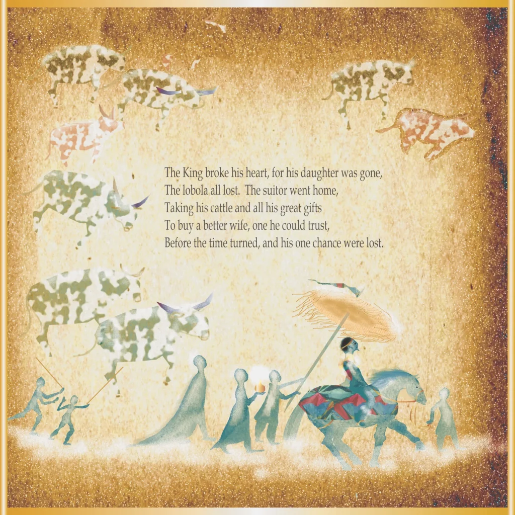 Watercolour illustration of a royal procession with cattle and attendants, as a veiled rider travels on horseback beneath a large parasol.