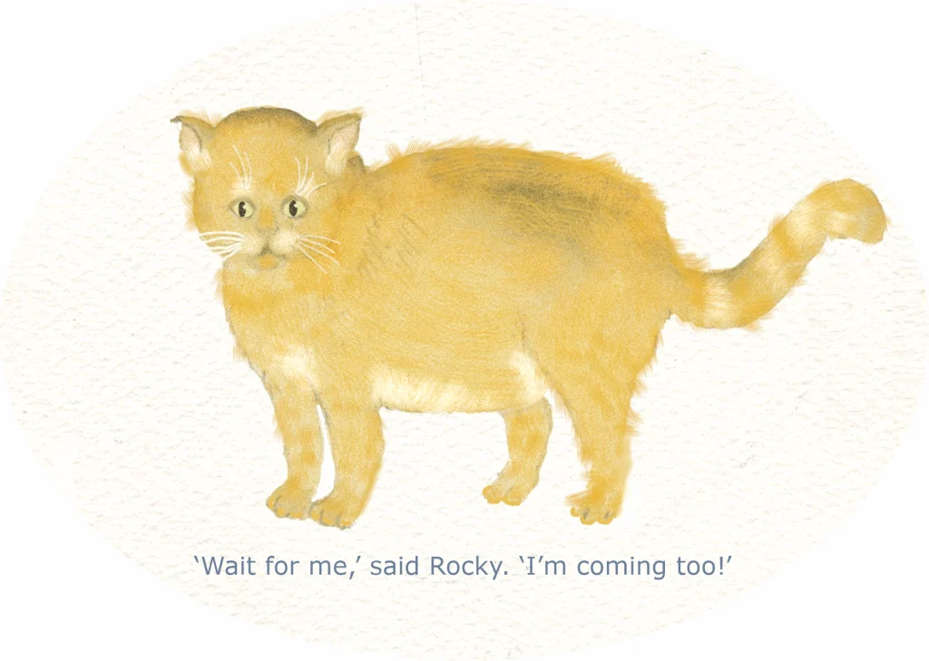 Watercolour illustration of a golden-orange cat named Rocky standing alertly on a pale textured background.