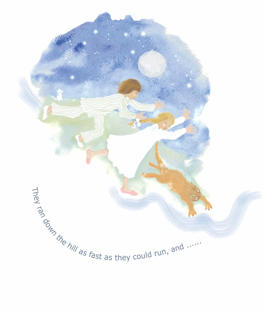 Watercolour illustration of two children and an orange cat running downhill under a moonlit, starry sky.