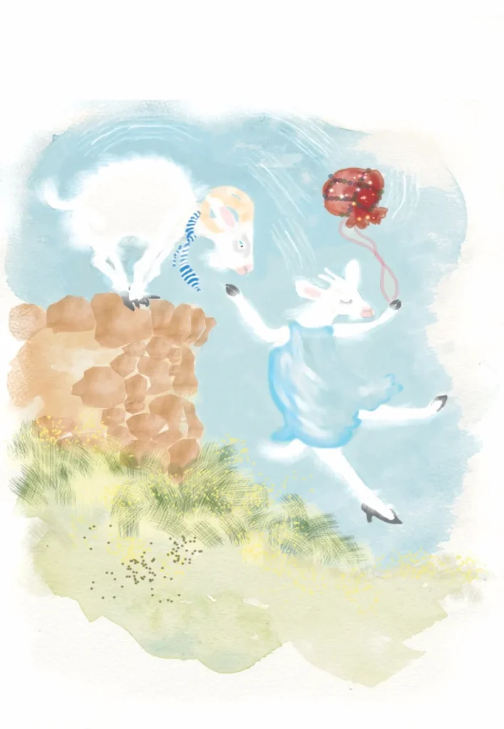 Watercolour illustration of two white goats escaping over a stone wall, one leaping away with a red handbag in its mouth.