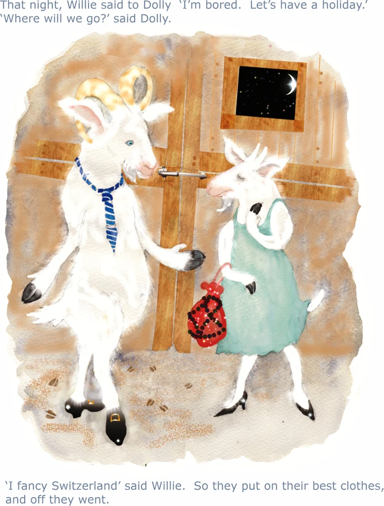 Watercolour illustration of two dressed white goats standing inside a wooden stable at night, preparing to leave for Switzerland.