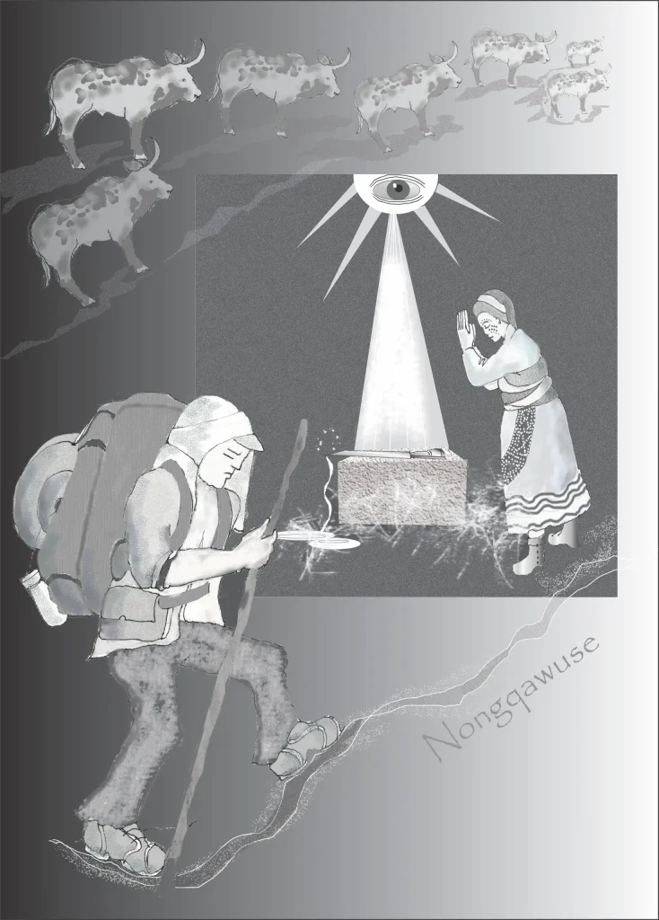 Monochrome illustration of a traveller approaching a vision of Nongqawuse beside a glowing altar, with cattle and an all-seeing eye above.