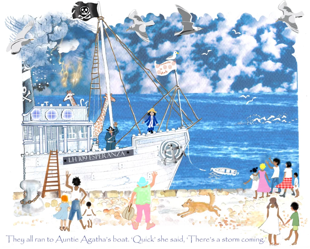 Watercolour illustration of children and adults running toward Auntie Agatha’s pirate boat as a storm gathers over the sea.