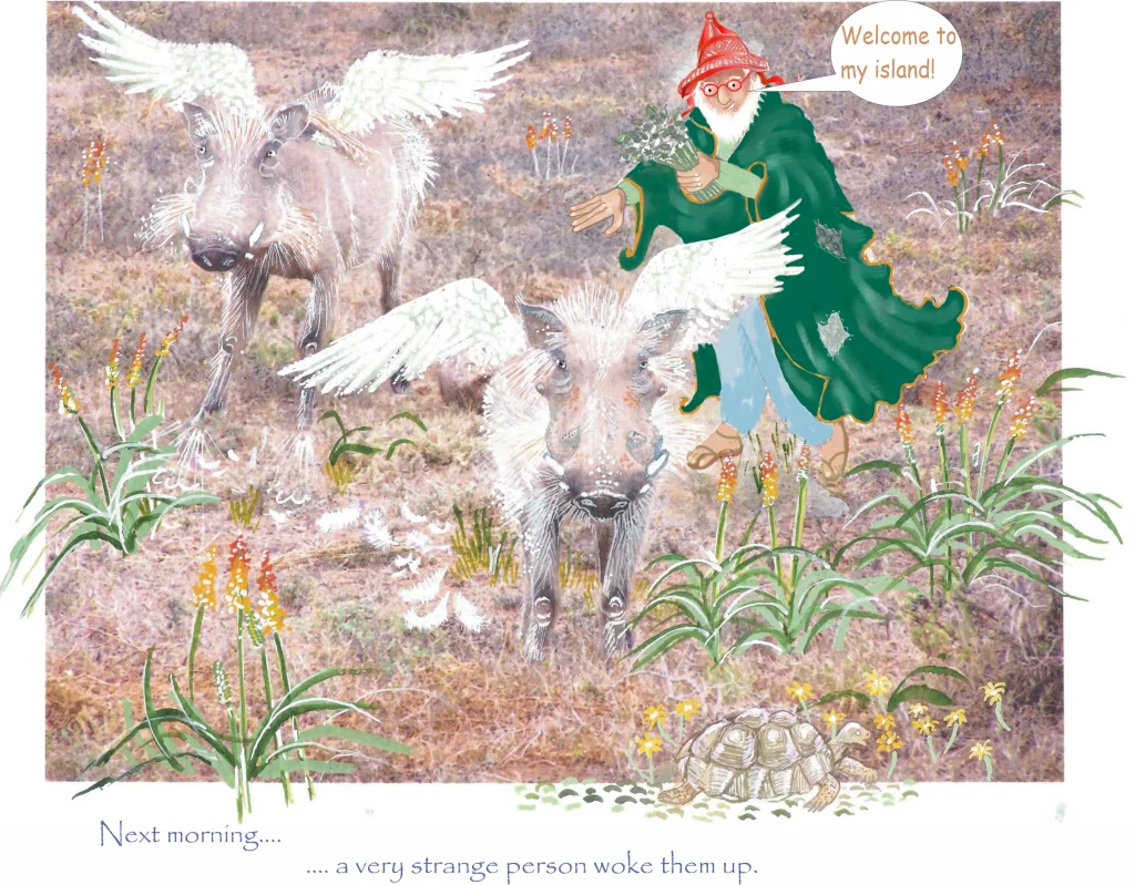 Watercolour illustration of a strange red-hatted figure welcoming two winged warthogs, with a tortoise among flowers in the foreground.