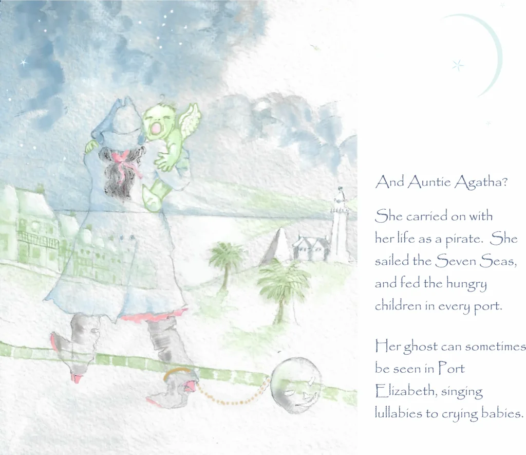Pale, ghostly watercolour of a pirate woman in a tricorn hat striding along a harbour wall at night, carrying a small crying winged child, with a coastal town, palm trees and a crescent moon.
