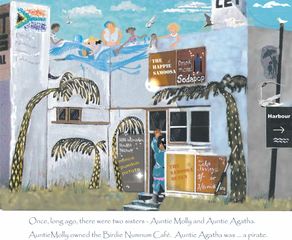 Watercolour illustration of the Birdie Numnum Café and samoosa takeaway, with children on the roof, birds overhead, and a sign pointing toward the harbour.