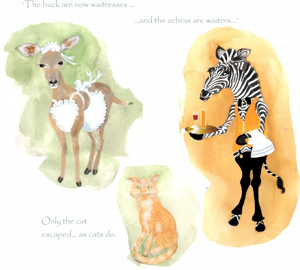 Watercolour illustration of a buck dressed as a waitress, a zebra dressed as a waiter carrying drinks, and an orange cat sitting between them.