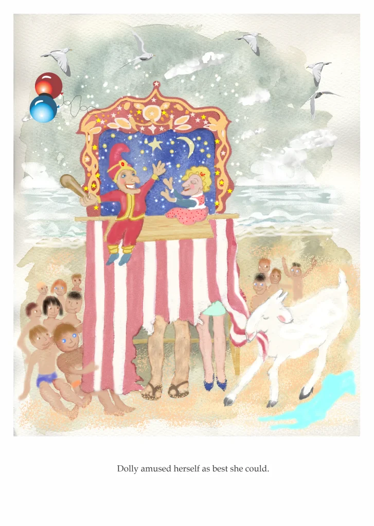 Watercolour illustration of a seaside Punch and Judy puppet show, with children watching and a white goat eating the material of the striped theatre booth.