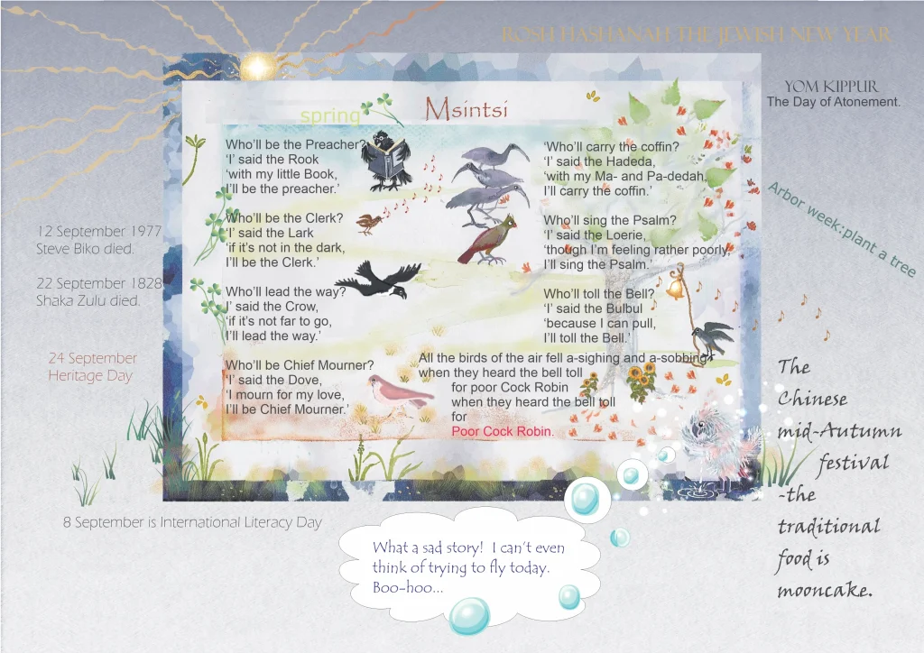 Illustrated September calendar page for “The Sad Story of the Death of Poor Cock Robin,” with birds, flowers, animals, and decorative coral-tree blossoms around the poem.