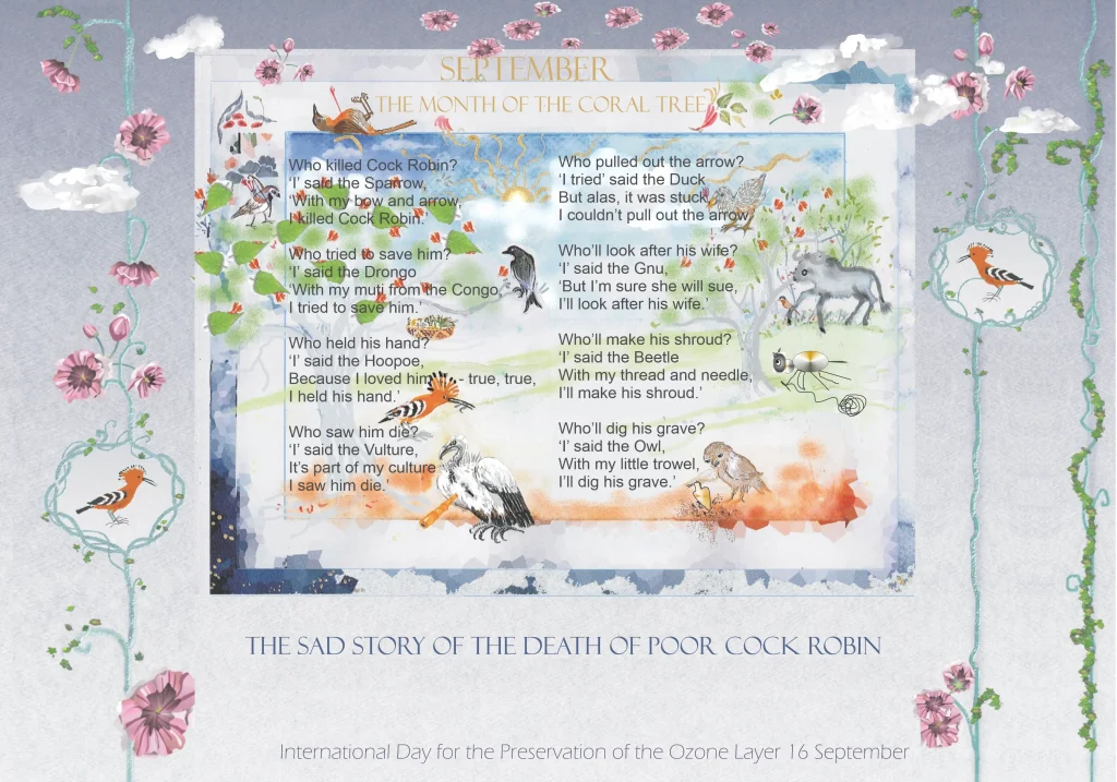 Illustrated calendar page continuing “The Sad Story of the Death of Poor Cock Robin,” with birds taking part in the funeral scene, seasonal notes, and a crying bird character in the corner.
