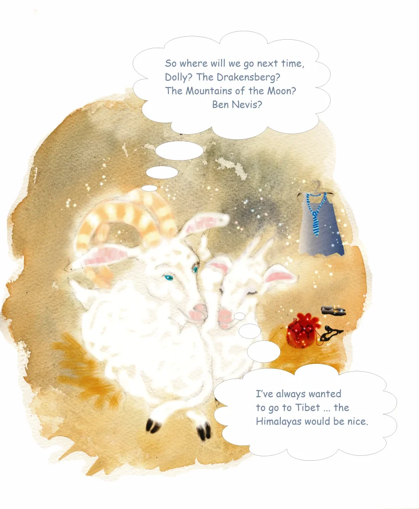 Watercolour illustration of two white goats nestled together in straw, dreaming about where to travel next, with clothes and accessories nearby.