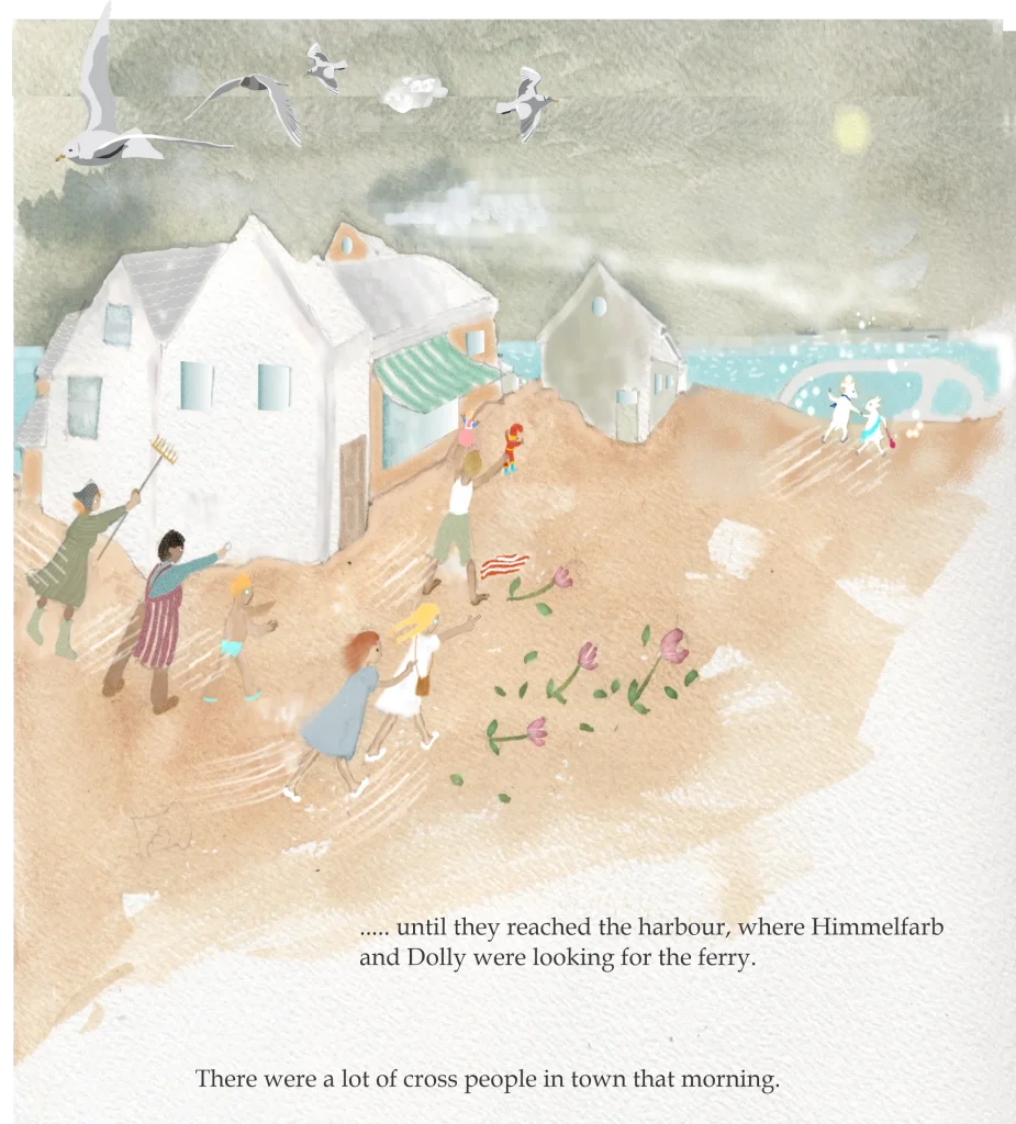 Watercolour illustration of people chasing two white goats through a seaside town toward the harbour, with birds flying overhead.