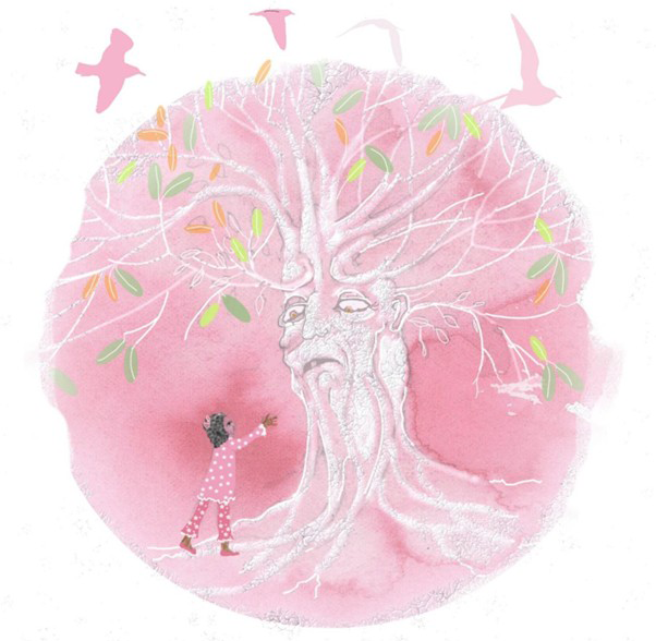 Watercolour illustration of a child standing beneath a large pink tree with a face in its trunk, while birds fly overhead.